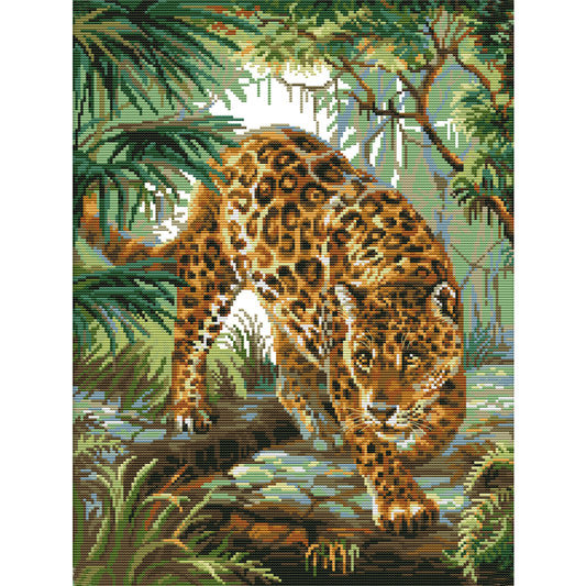 Leopard In Jungle - Partial 14CT Stamped Cross Stitch 38x48CM - Joy Sunday Backstitch