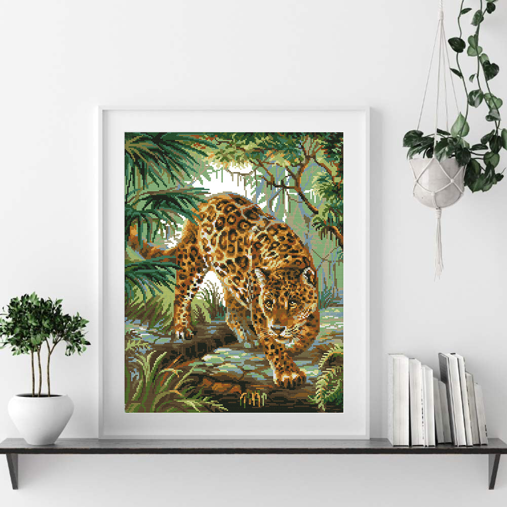 Leopard In Jungle - Partial 14CT Stamped Cross Stitch 38x48CM - Joy Sunday Backstitch