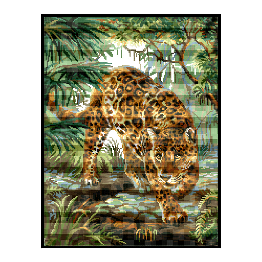 Leopard In Jungle - Partial 14CT Stamped Cross Stitch 38x48CM - Joy Sunday Backstitch
