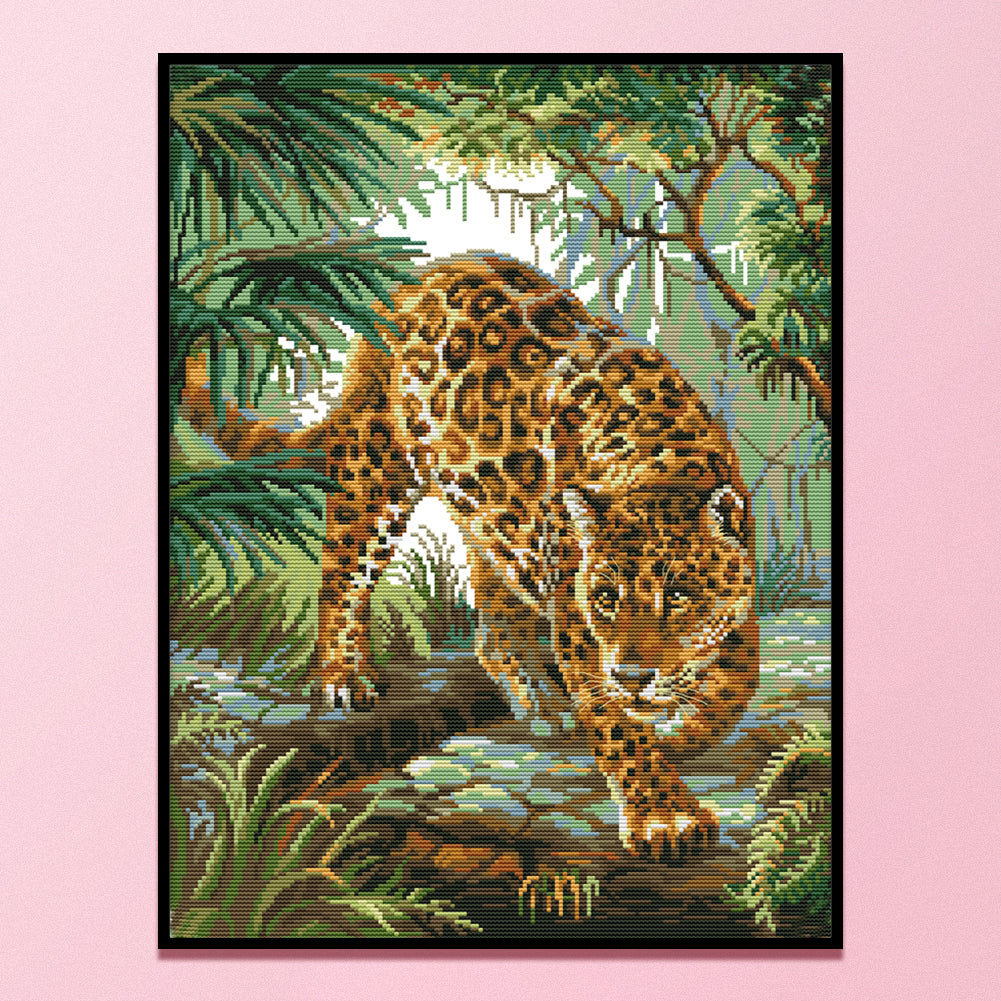 Leopard In Jungle - Partial 14CT Stamped Cross Stitch 38x48CM - Joy Sunday Backstitch