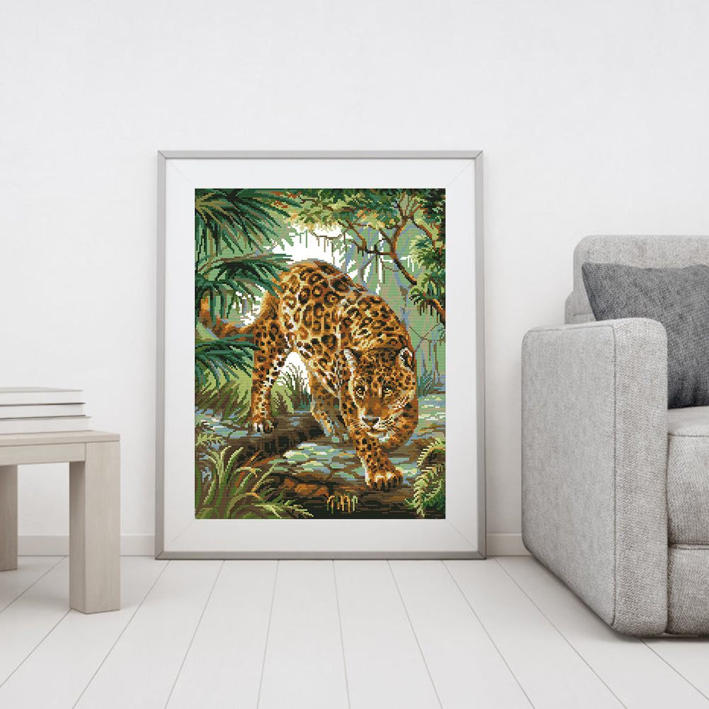 Leopard In Jungle - Partial 14CT Stamped Cross Stitch 38x48CM - Joy Sunday Backstitch