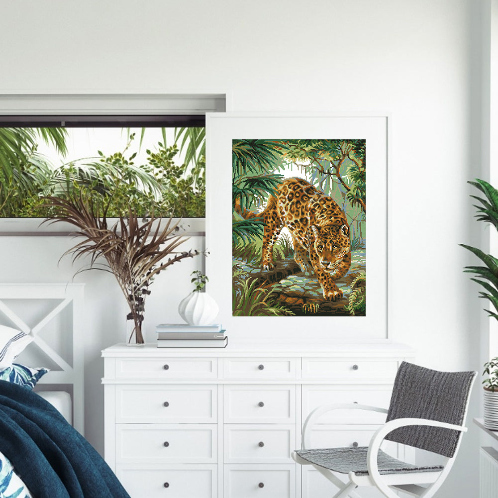 Leopard In Jungle - Partial 14CT Stamped Cross Stitch 38x48CM - Joy Sunday Backstitch