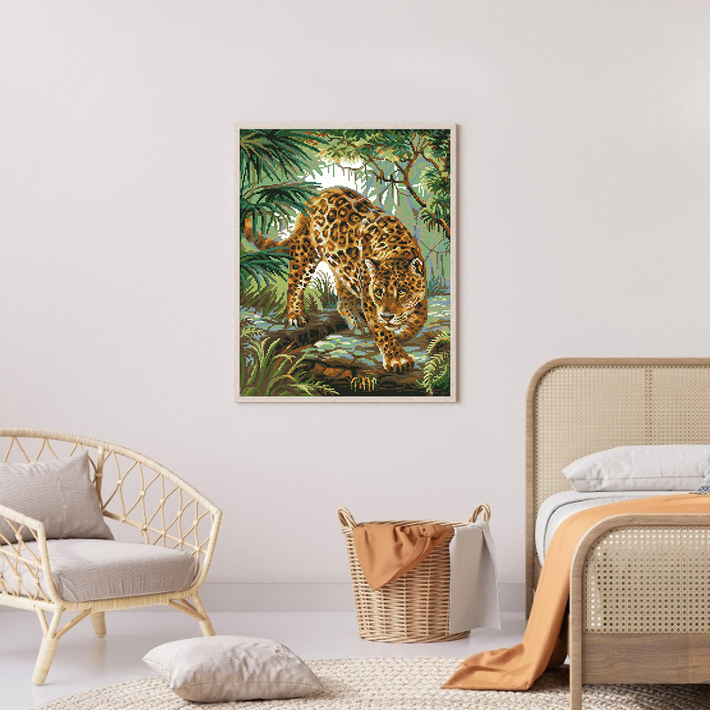 Leopard In Jungle - Partial 14CT Stamped Cross Stitch 38x48CM - Joy Sunday Backstitch