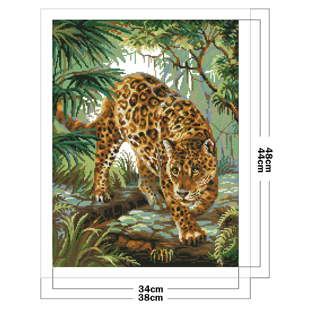Leopard In Jungle - Partial 14CT Stamped Cross Stitch 38x48CM - Joy Sunday Backstitch