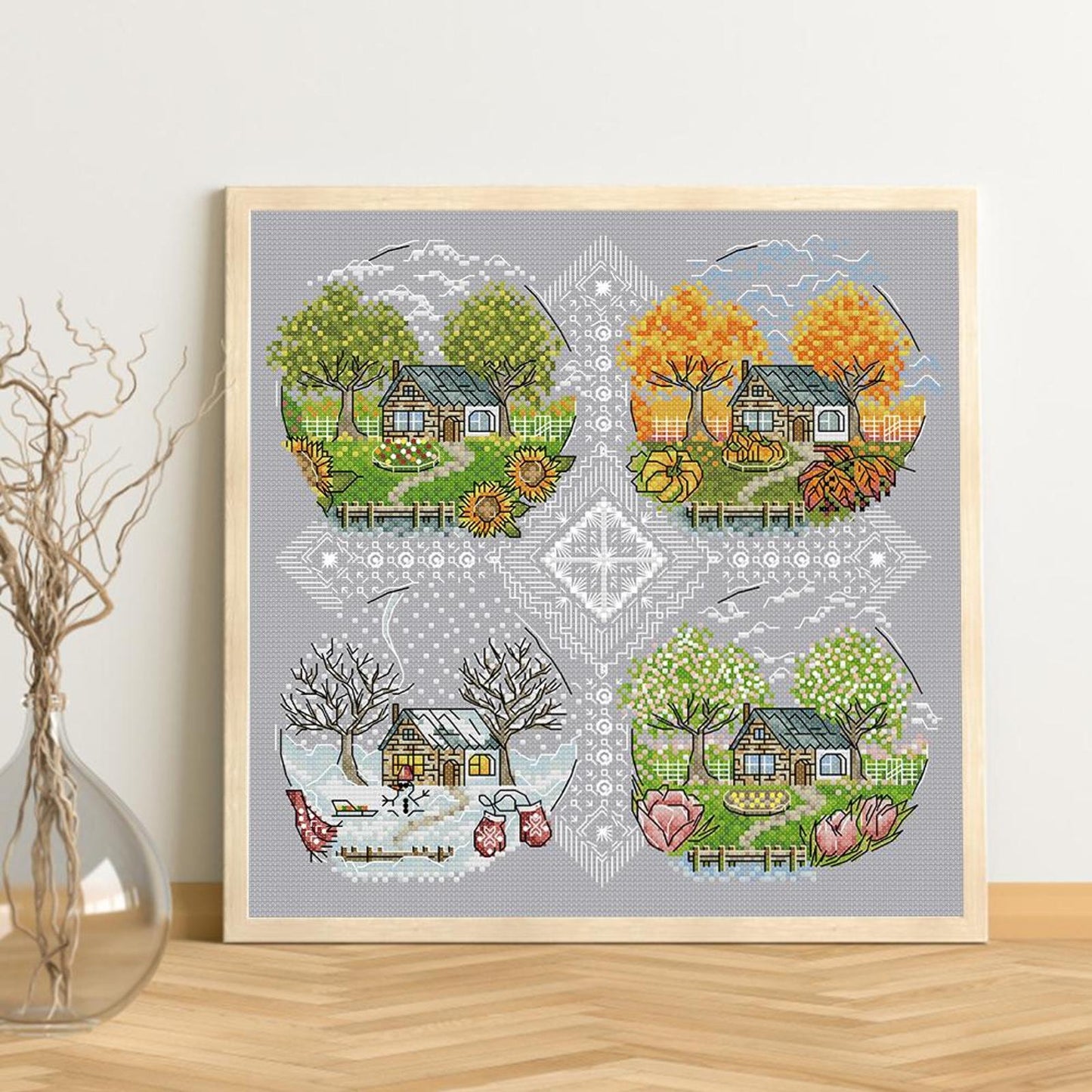 Cottage Four Seasons - Full 14CT Stamped Cross Stitch 33x33CM - Joy Sunday Backstitch