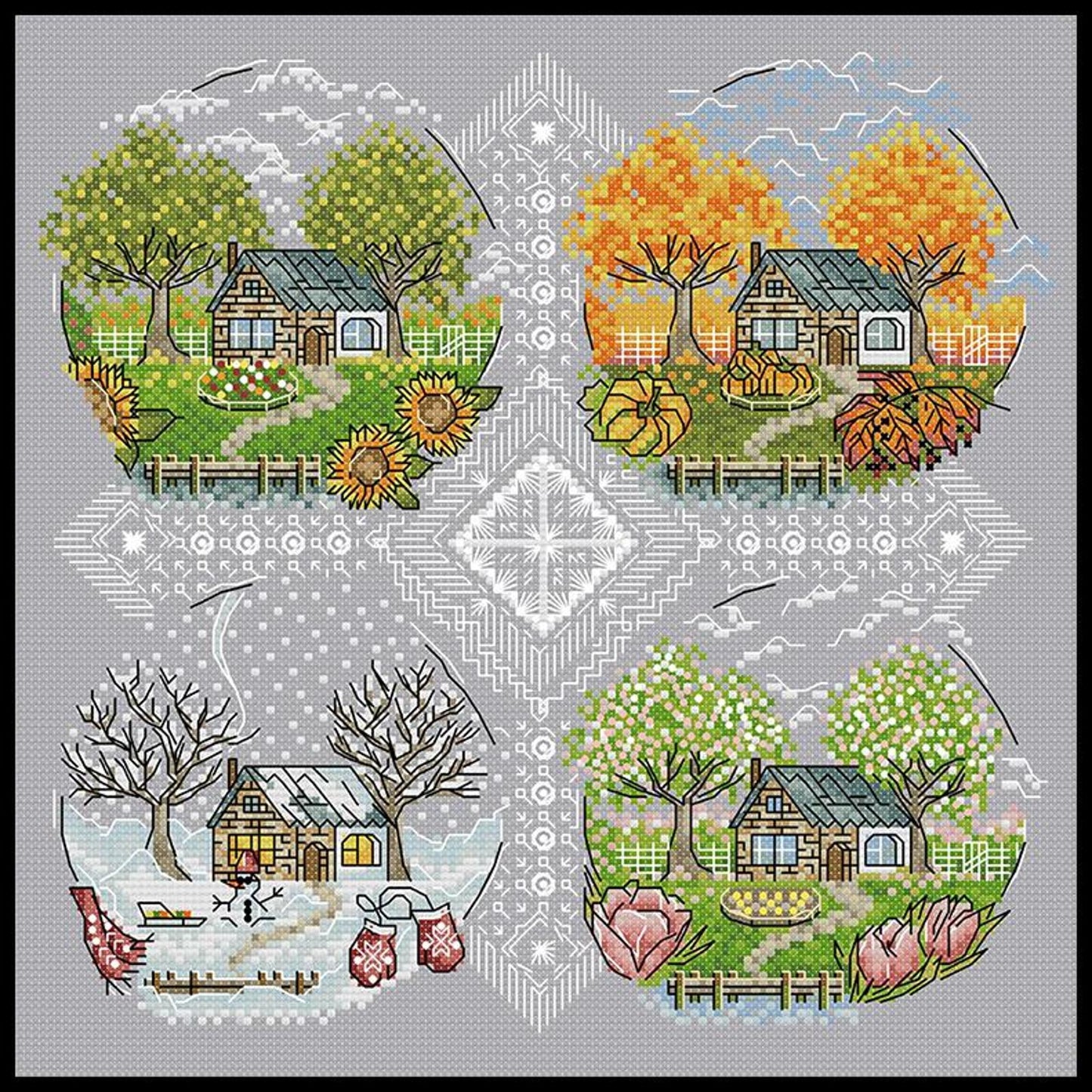 Cottage Four Seasons - Full 14CT Stamped Cross Stitch 33x33CM - Joy Sunday Backstitch