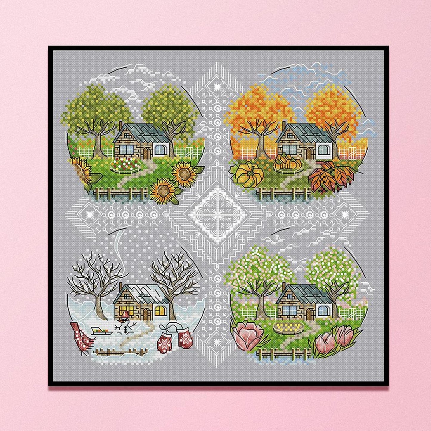 Cottage Four Seasons - Full 14CT Stamped Cross Stitch 33x33CM - Joy Sunday Backstitch