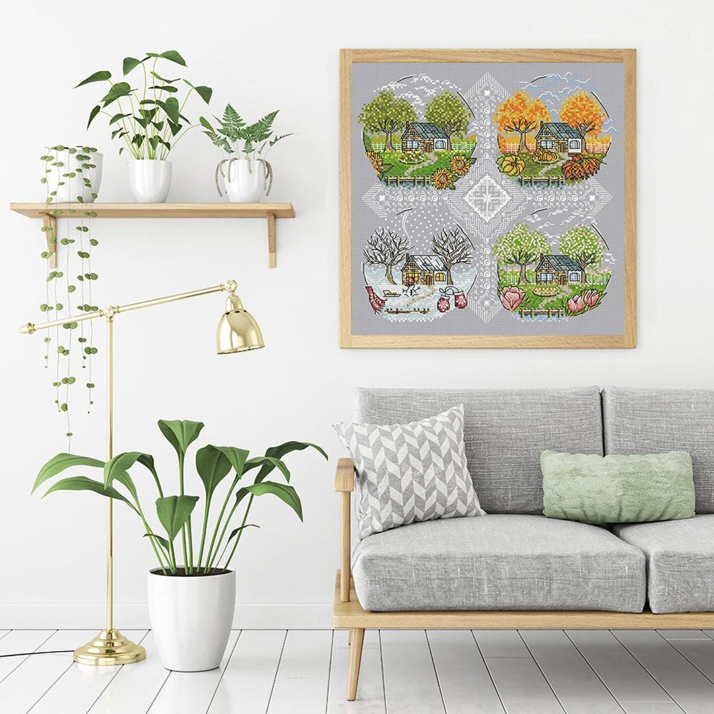 Cottage Four Seasons - Full 14CT Stamped Cross Stitch 33x33CM - Joy Sunday Backstitch