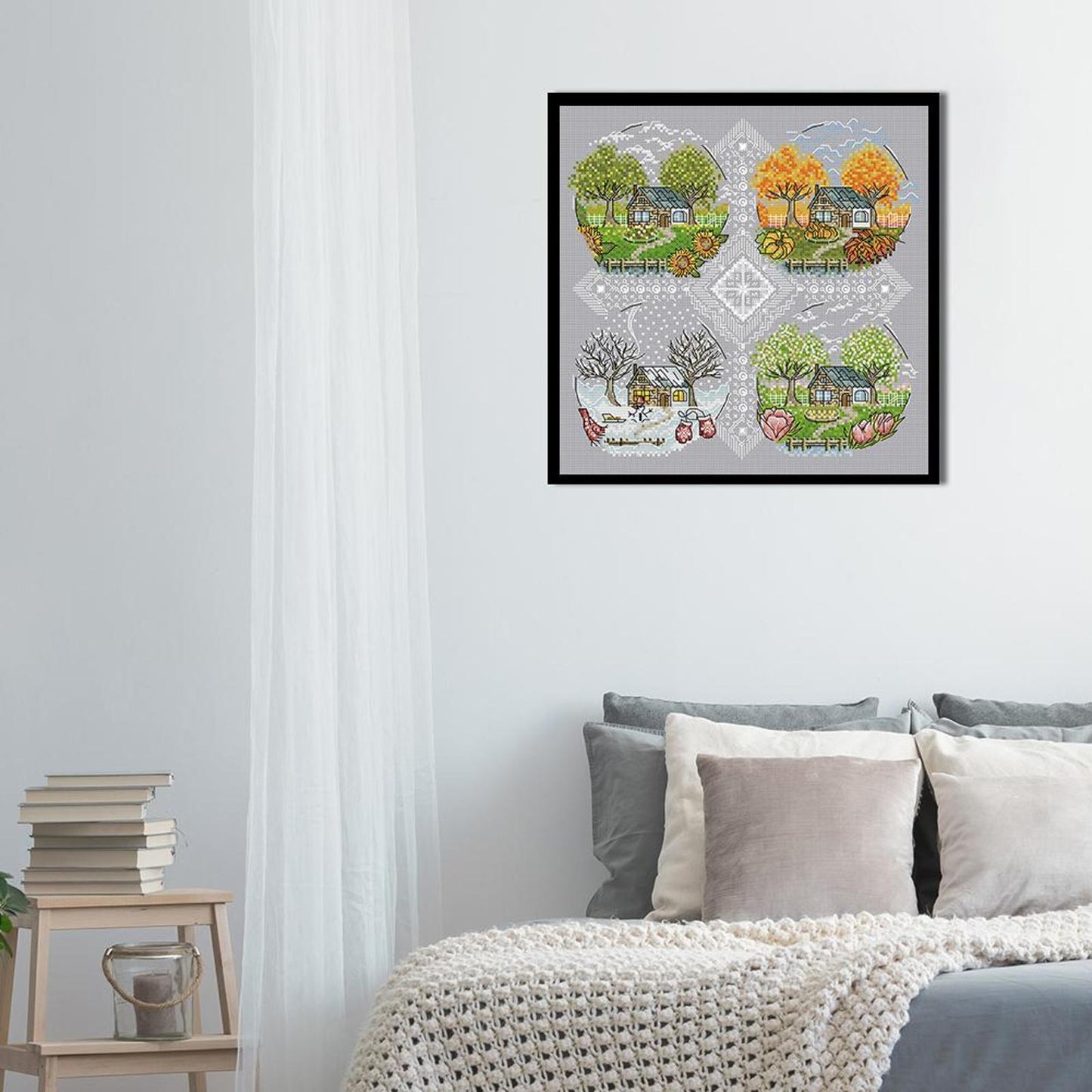 Cottage Four Seasons - Full 14CT Stamped Cross Stitch 33x33CM - Joy Sunday Backstitch