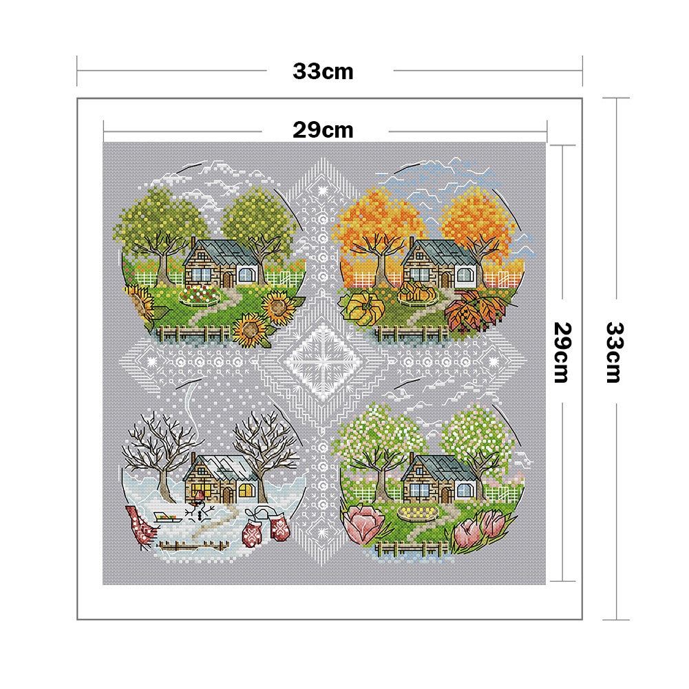 Cottage Four Seasons - Full 14CT Stamped Cross Stitch 33x33CM - Joy Sunday Backstitch