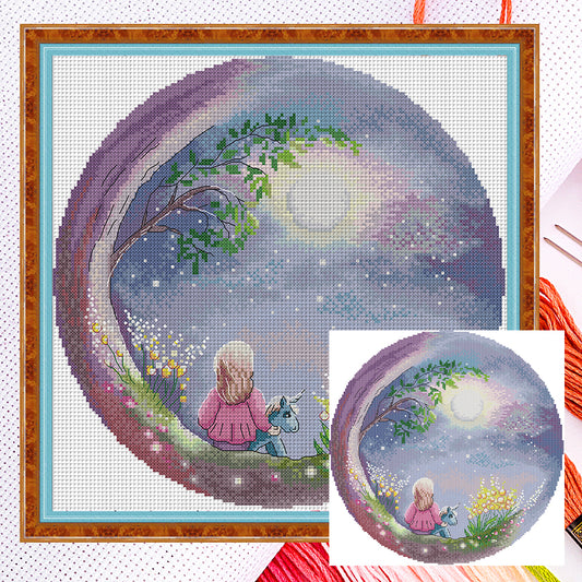 Gazing At The Moon - Partial 14CT Counted Cross Stitch 34x34CM - Joy Sunday Backstitch