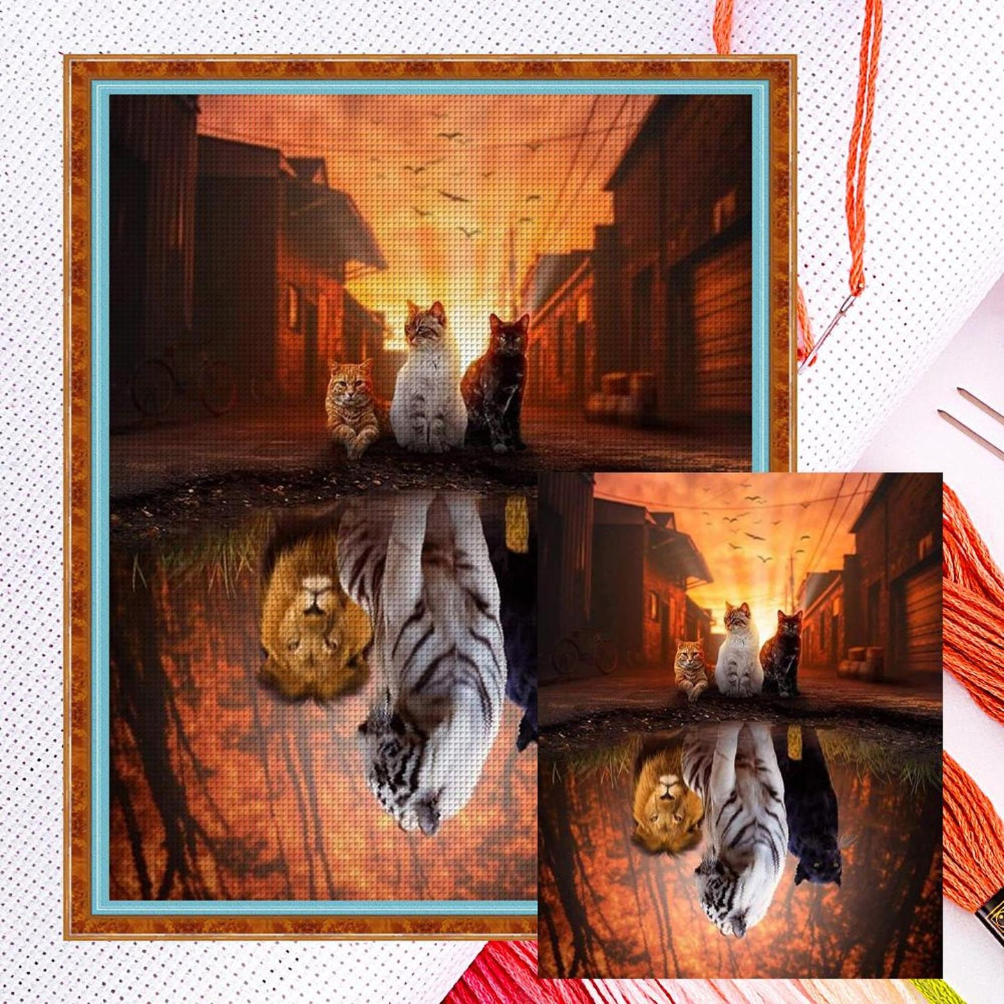 Reflection - Three Cats - Full 11CT Counted Cross Stitch 40x50CM - Diy