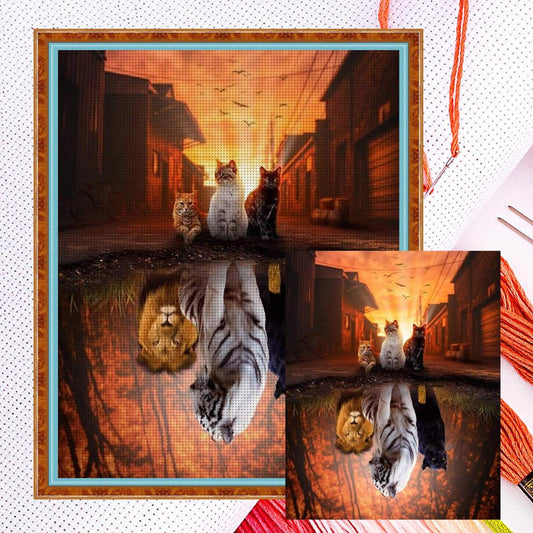 Reflection - Three Cats - Full 11CT Counted Cross Stitch 40x50CM - Diy