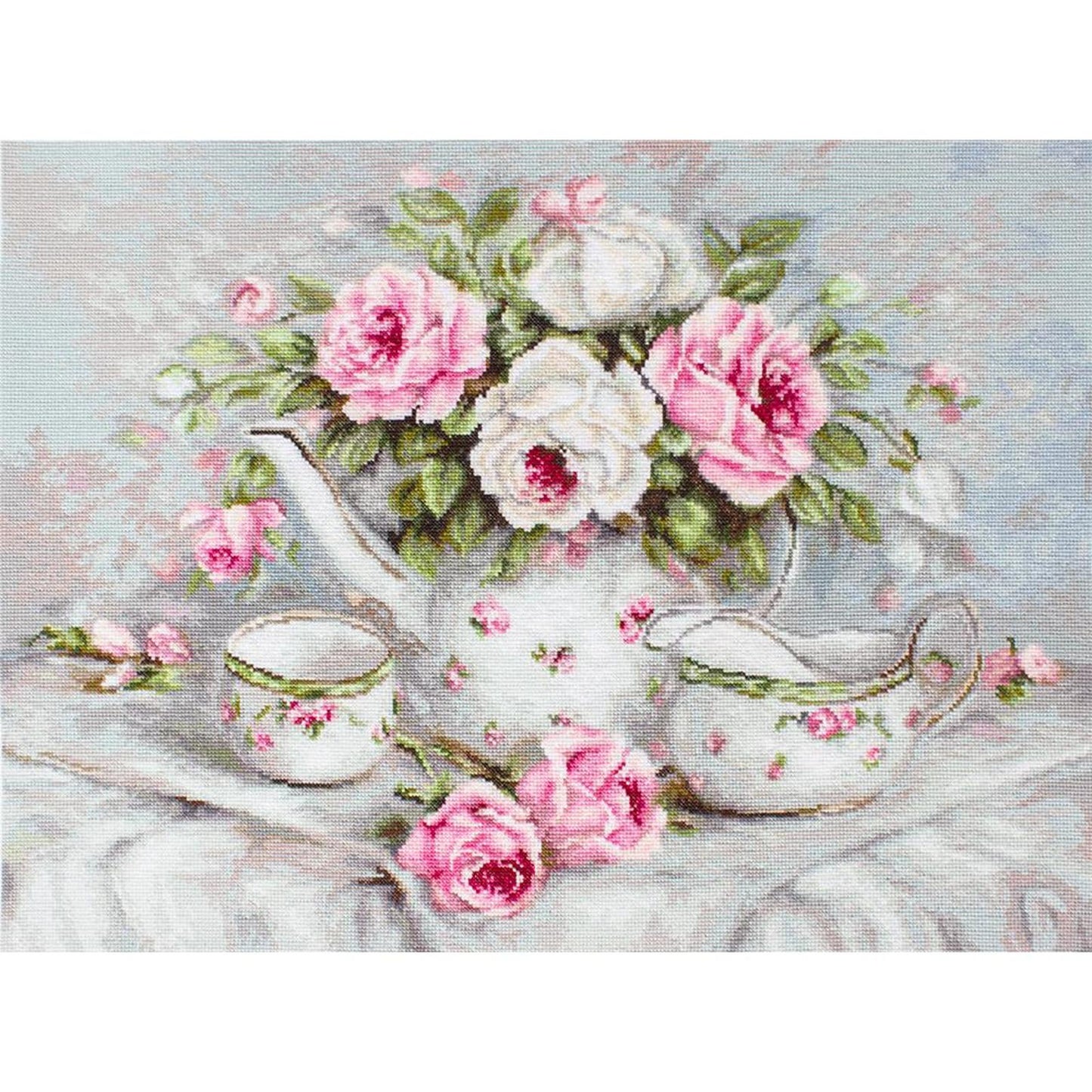 Teapot And Roses - Full 11CT Stamped Cross Stitch 50x37CM - Yishu