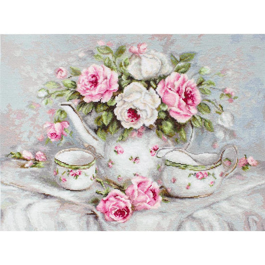 Teapot And Roses - Full 11CT Stamped Cross Stitch 50x37CM - Yishu