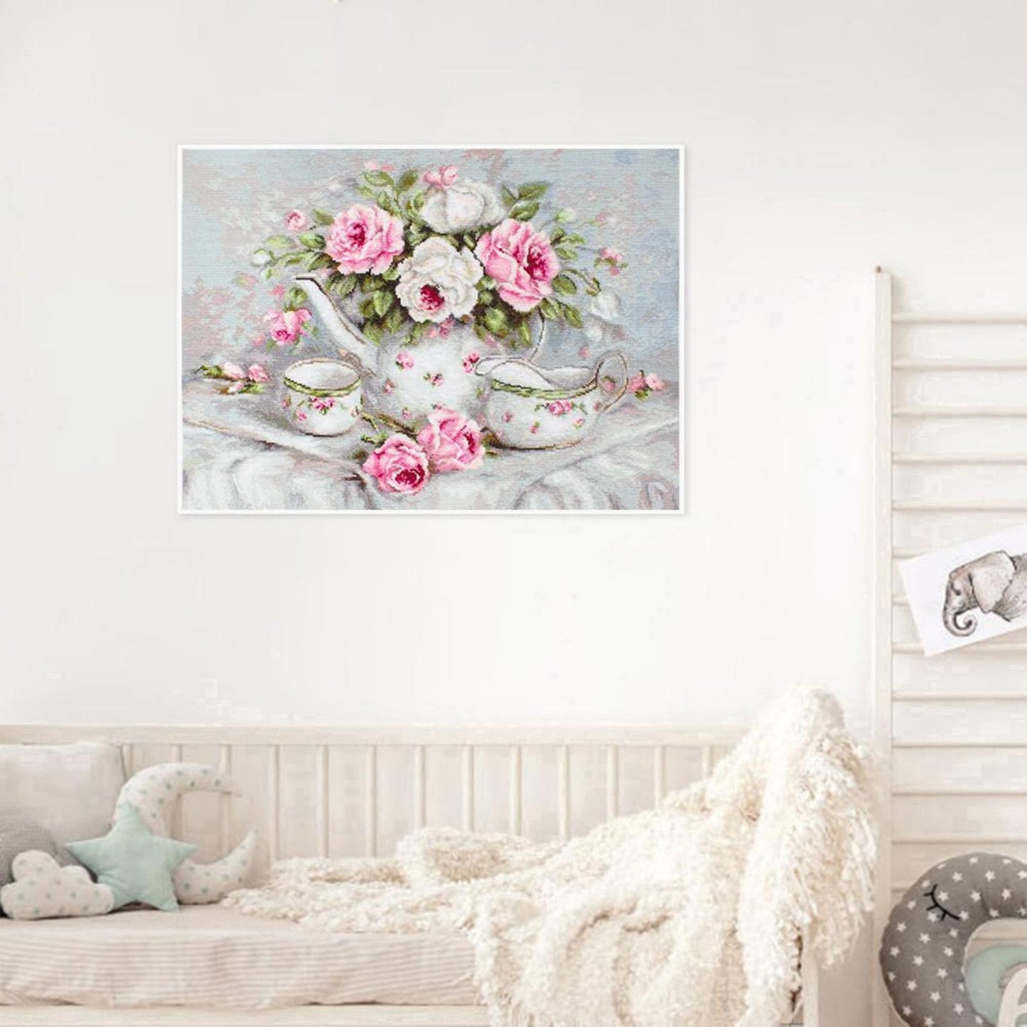 Teapot And Roses - Full 11CT Stamped Cross Stitch 50x37CM - Yishu