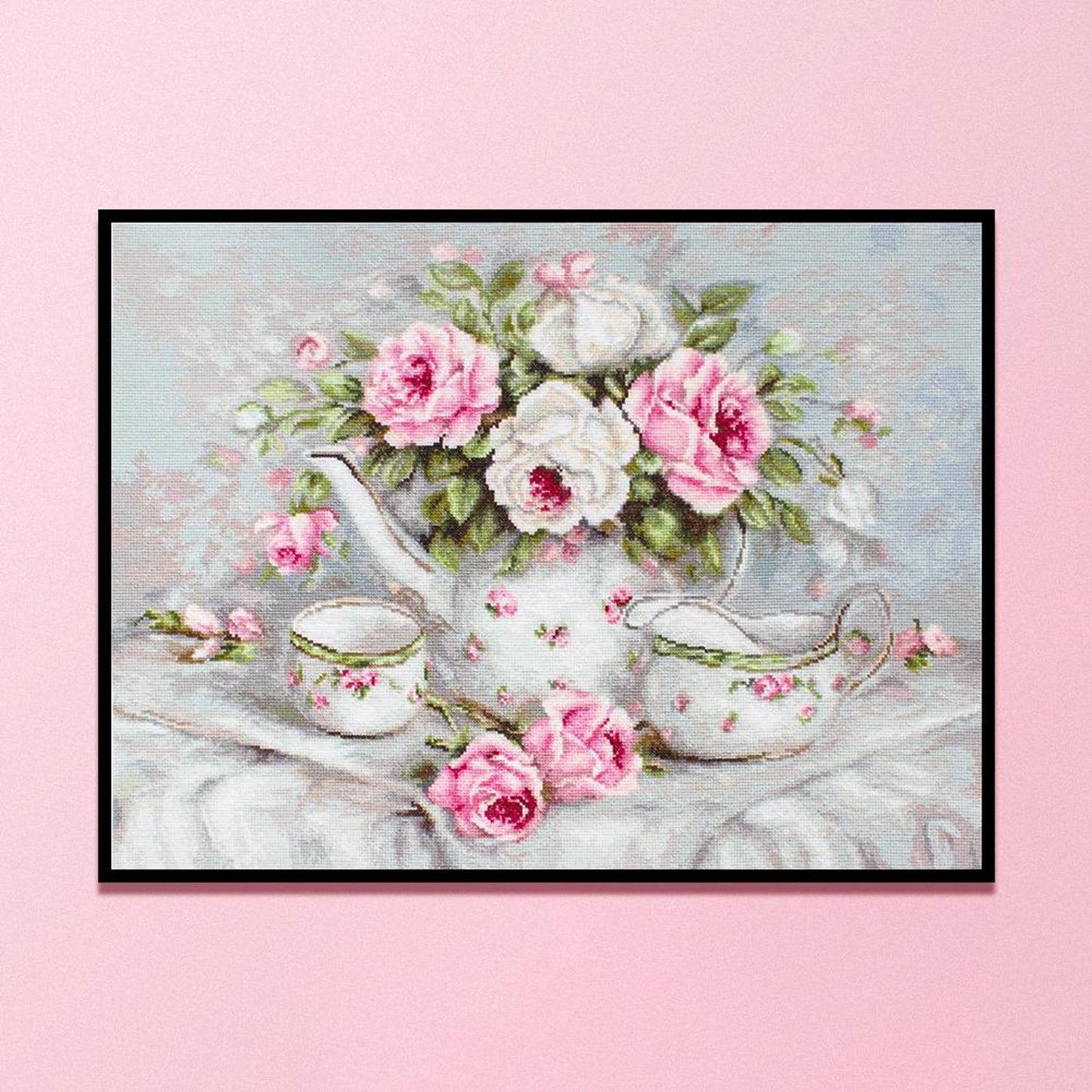 Teapot And Roses - Full 11CT Stamped Cross Stitch 50x37CM - Yishu