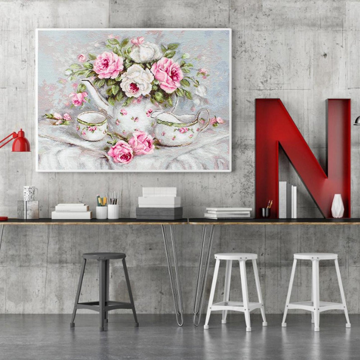 Teapot And Roses - Full 11CT Stamped Cross Stitch 50x37CM - Yishu
