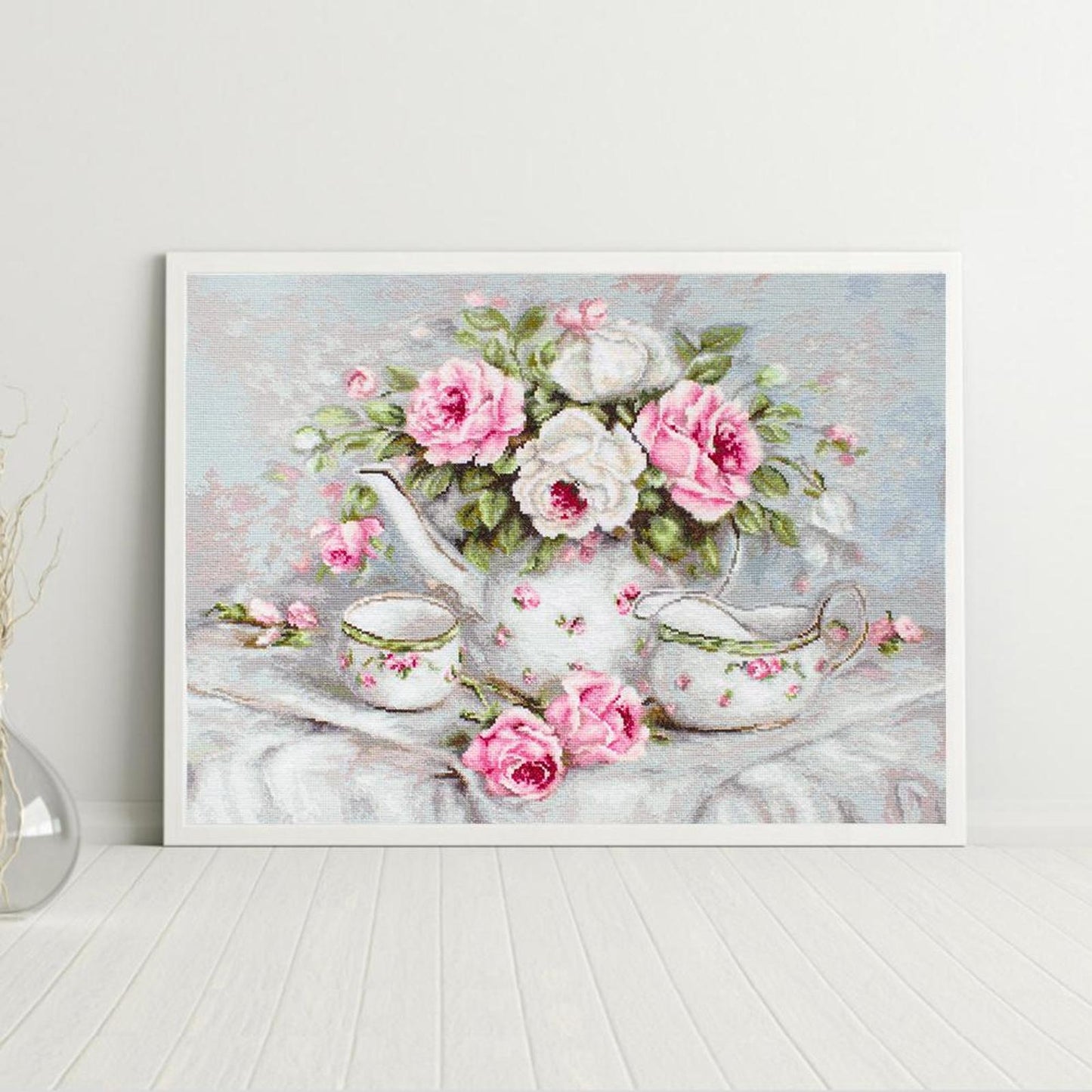 Teapot And Roses - Full 11CT Stamped Cross Stitch 50x37CM - Yishu
