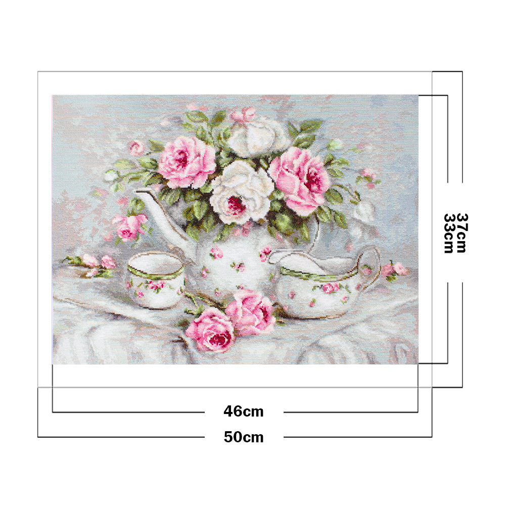 Teapot And Roses - Full 11CT Stamped Cross Stitch 50x37CM - Yishu
