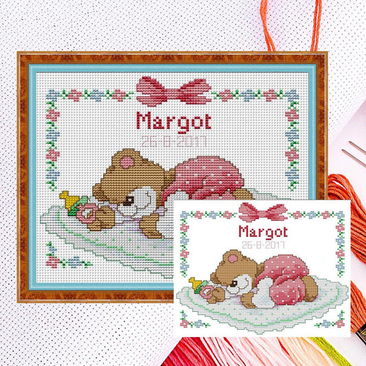 Pink Sleepy Bear Baby - Partial 14CT Counted Cross Stitch 25x20CM - Joy Sunday Backstitch