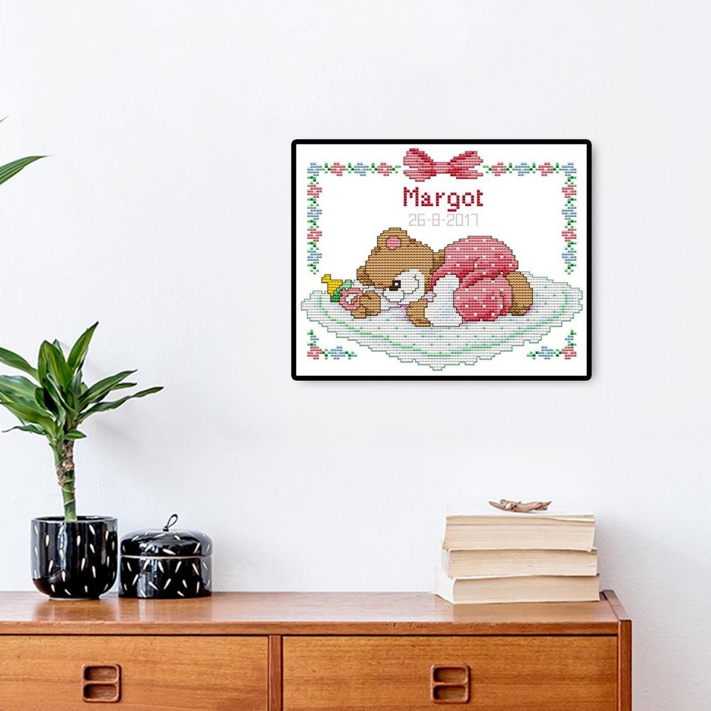 Pink Sleepy Bear Baby - Partial 14CT Counted Cross Stitch 25x20CM - Joy Sunday Backstitch