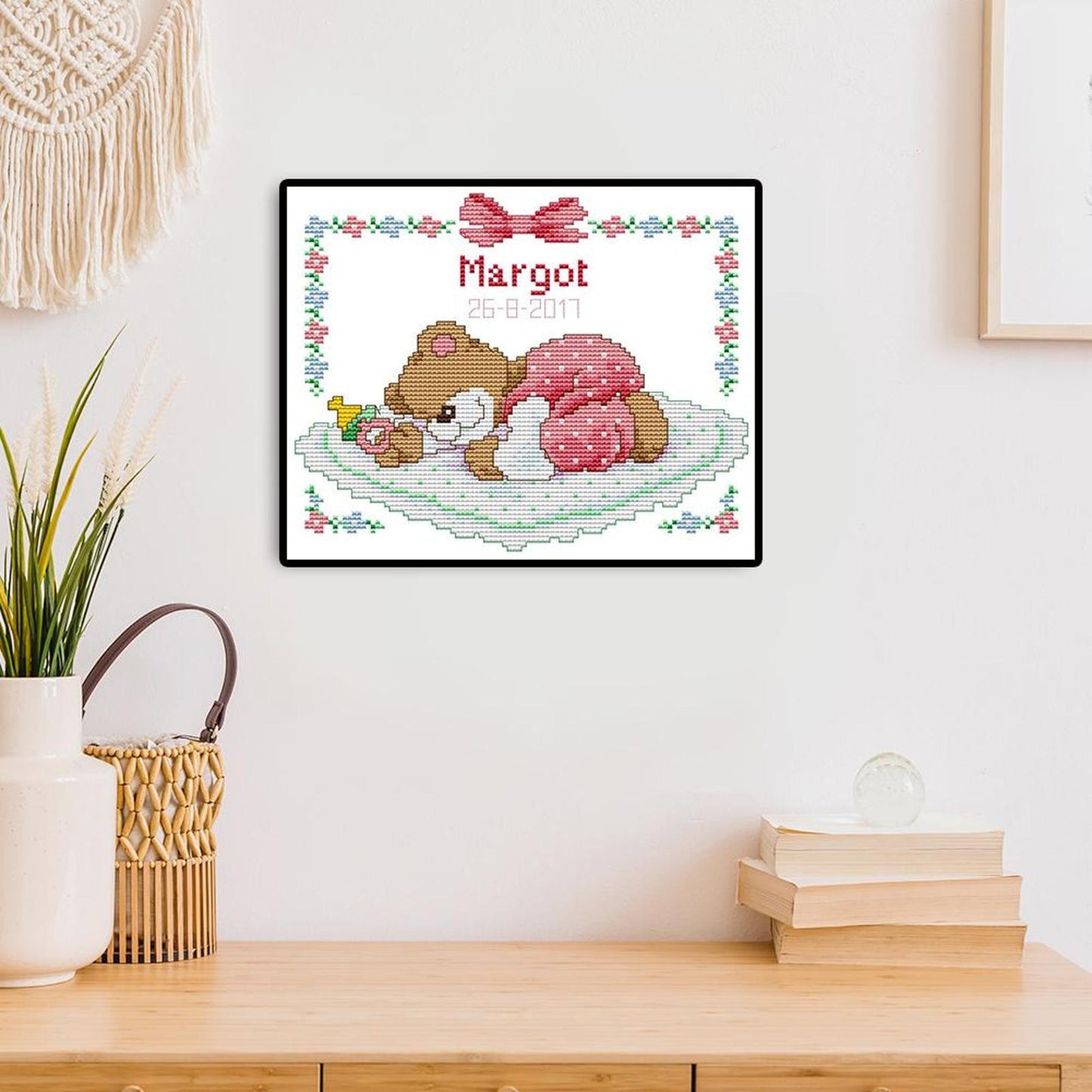 Pink Sleepy Bear Baby - Partial 14CT Counted Cross Stitch 25x20CM - Joy Sunday Backstitch