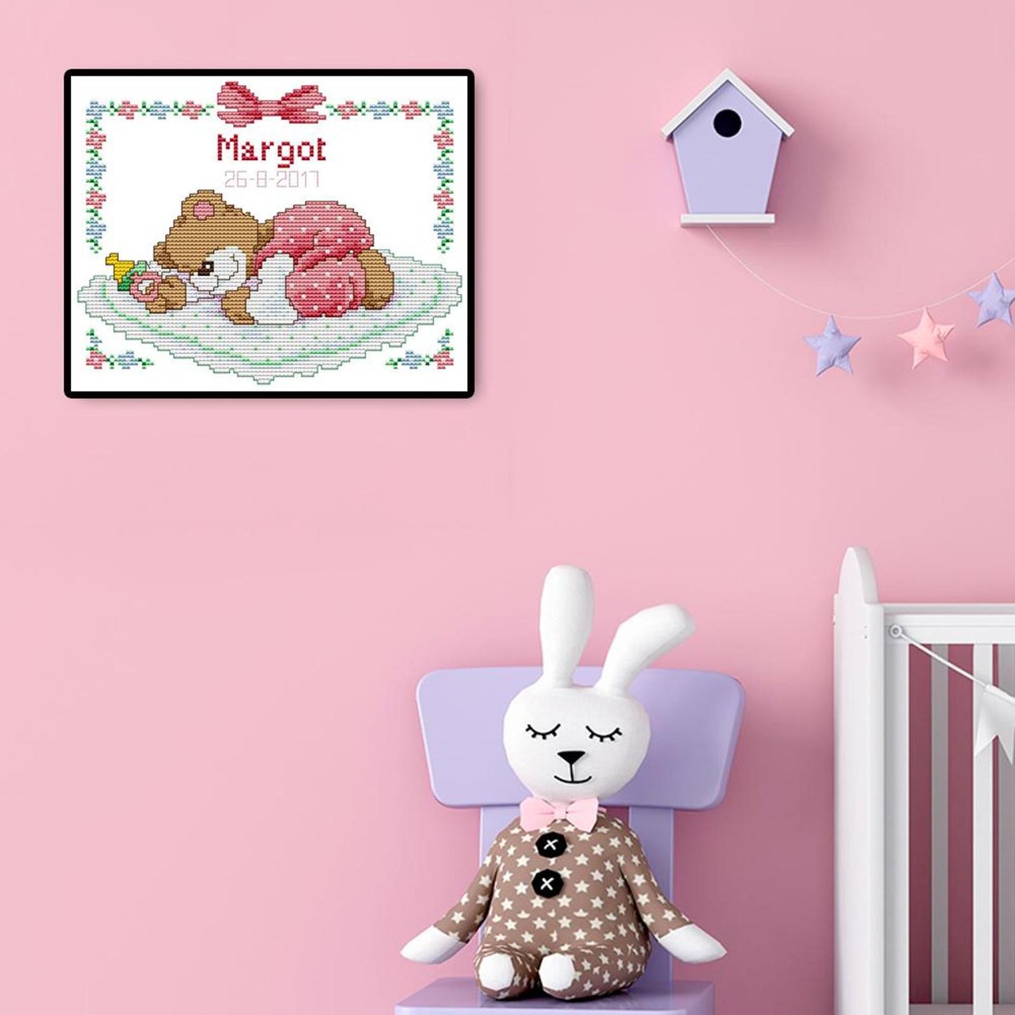 Pink Sleepy Bear Baby - Partial 14CT Counted Cross Stitch 25x20CM - Joy Sunday Backstitch