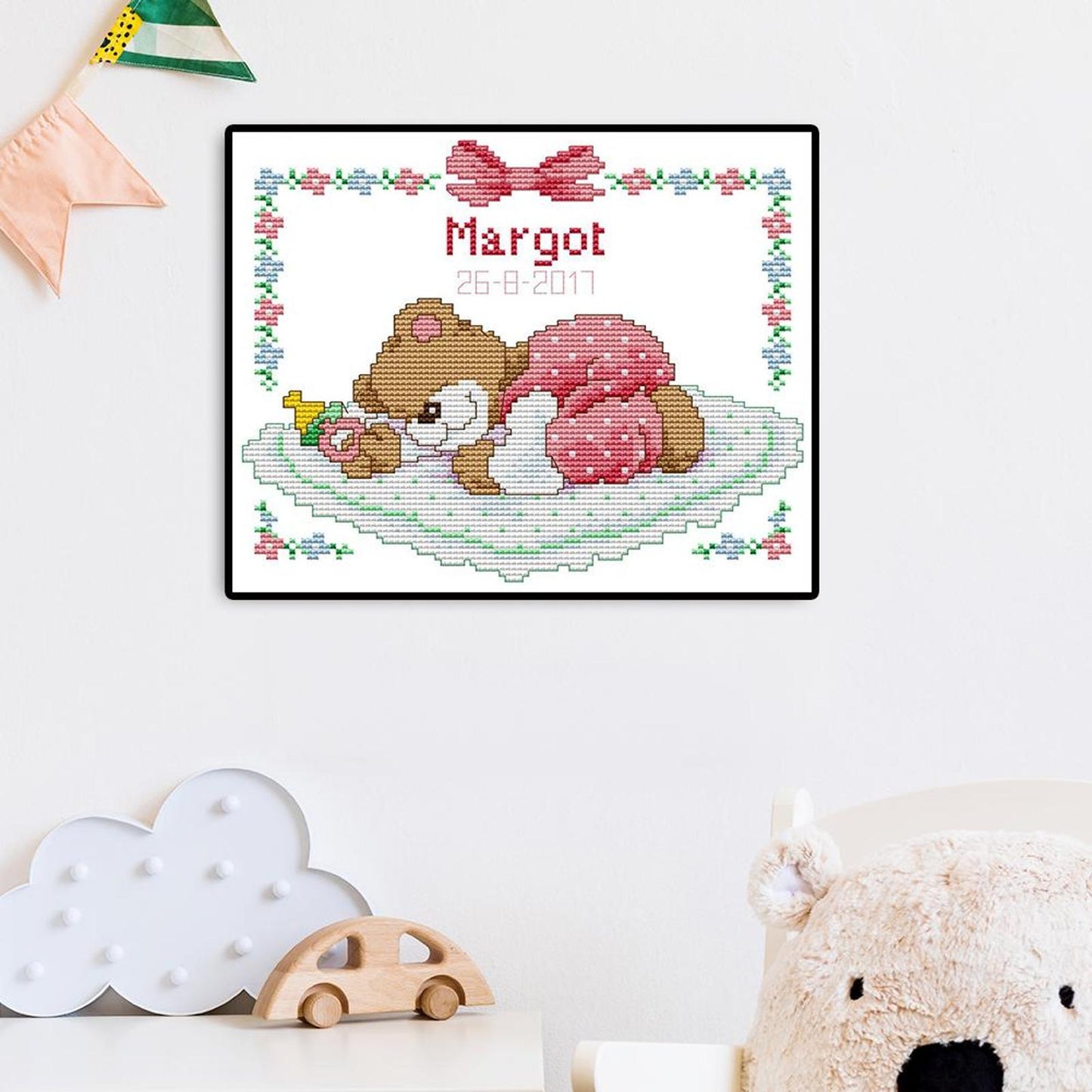 Pink Sleepy Bear Baby - Partial 14CT Counted Cross Stitch 25x20CM - Joy Sunday Backstitch