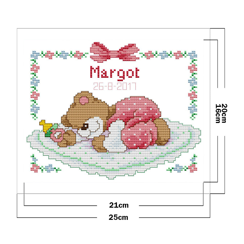 Pink Sleepy Bear Baby - Partial 14CT Counted Cross Stitch 25x20CM - Joy Sunday Backstitch