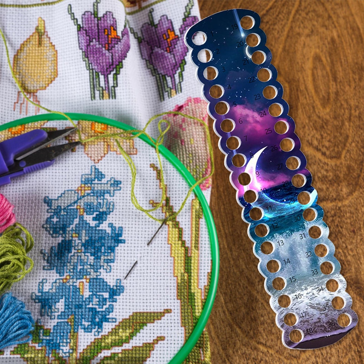 Acrylic Cross Stitch Row Line Board Cartoon Pattern Art Accessory (waves and moon)