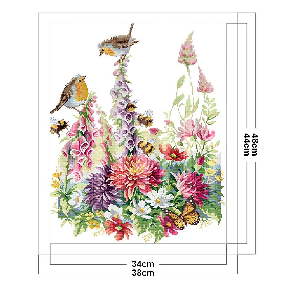 Birds And Flowers - Partial 14CT Stamped Cross Stitch 38x48CM - Joy Sunday Backstitch