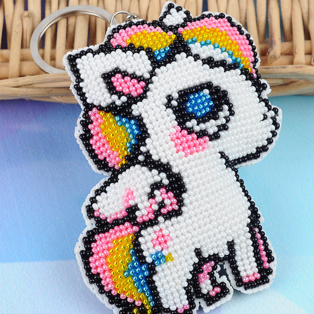 Full Bead Embroidery Keychain White Horse Printed Craft Gifts (7.5x9CM)