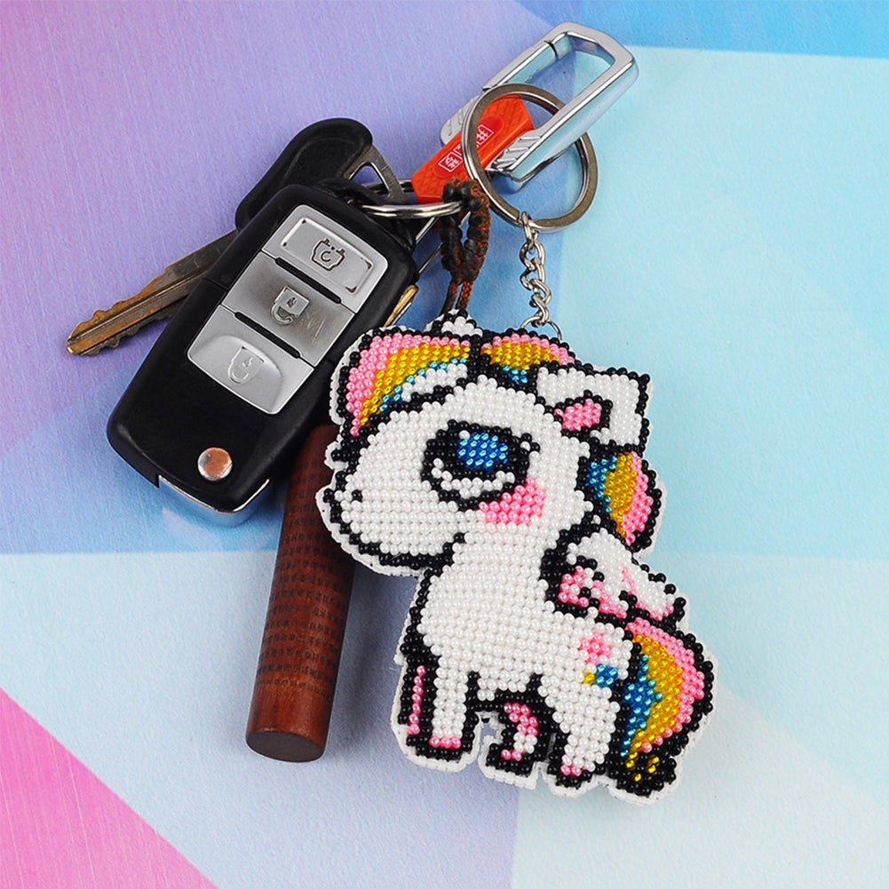 Full Bead Embroidery Keychain White Horse Printed Craft Gifts (7.5x9CM)