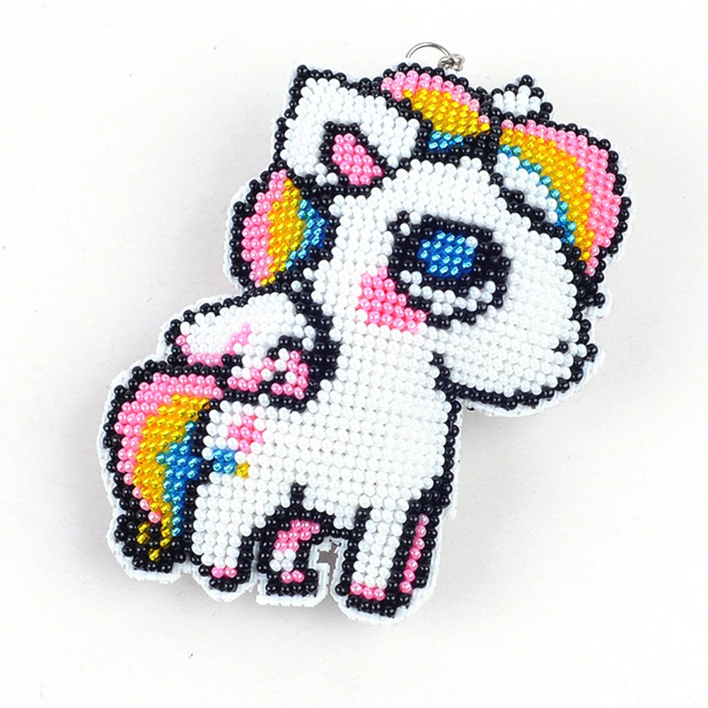 Full Bead Embroidery Keychain White Horse Printed Craft Gifts (7.5x9CM)