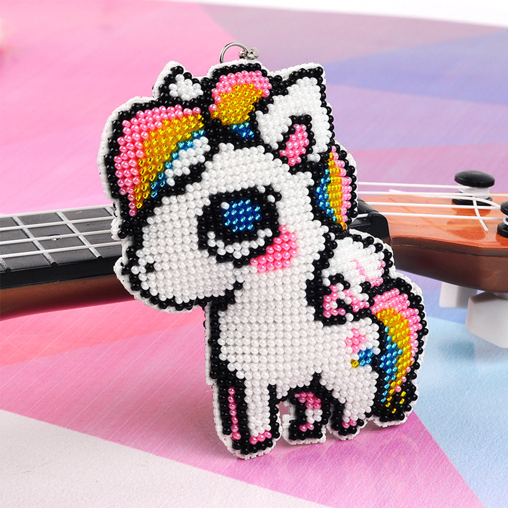 Full Bead Embroidery Keychain White Horse Printed Craft Gifts (7.5x9CM)