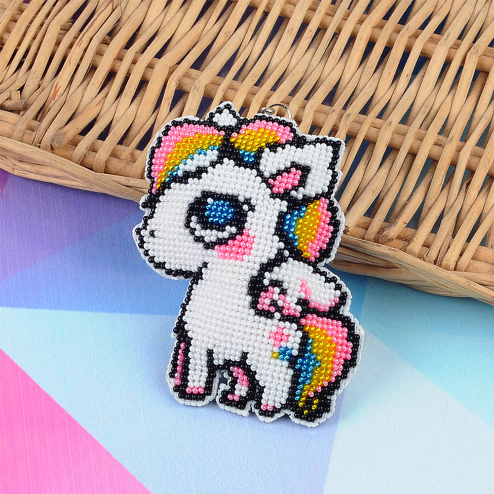 Full Bead Embroidery Keychain White Horse Printed Craft Gifts (7.5x9CM)