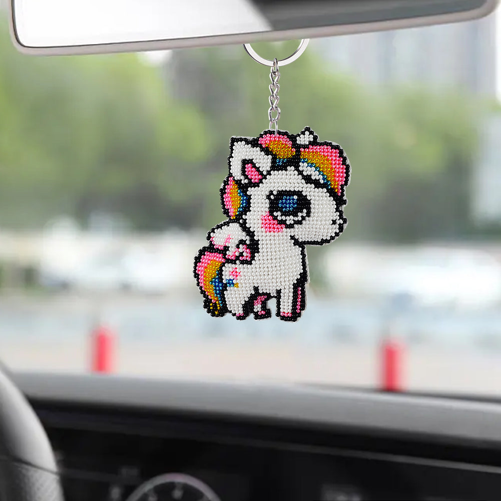 Full Bead Embroidery Keychain White Horse Printed Craft Gifts (7.5x9CM)