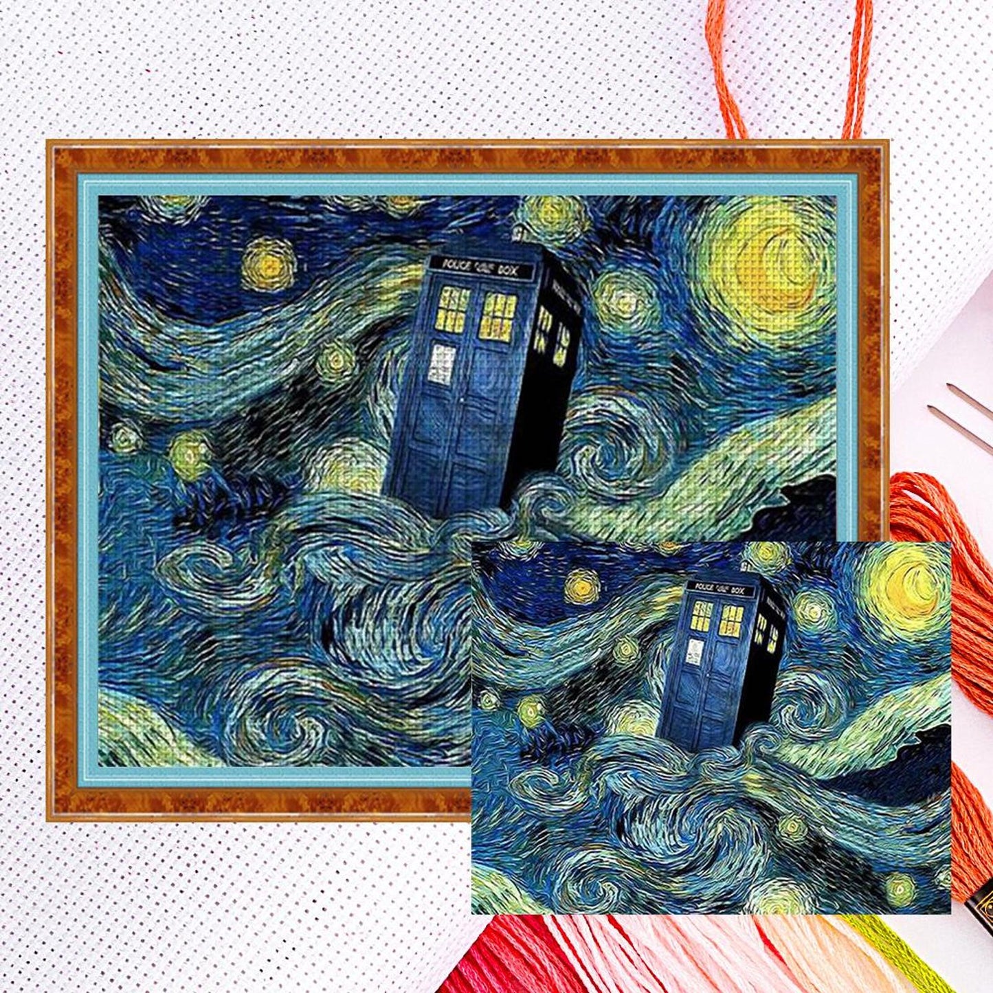 Van Gogh Style - Doctor Who Telephone Booth - Full 11CT Counted Cross Stitch 50x40CM - Yishu