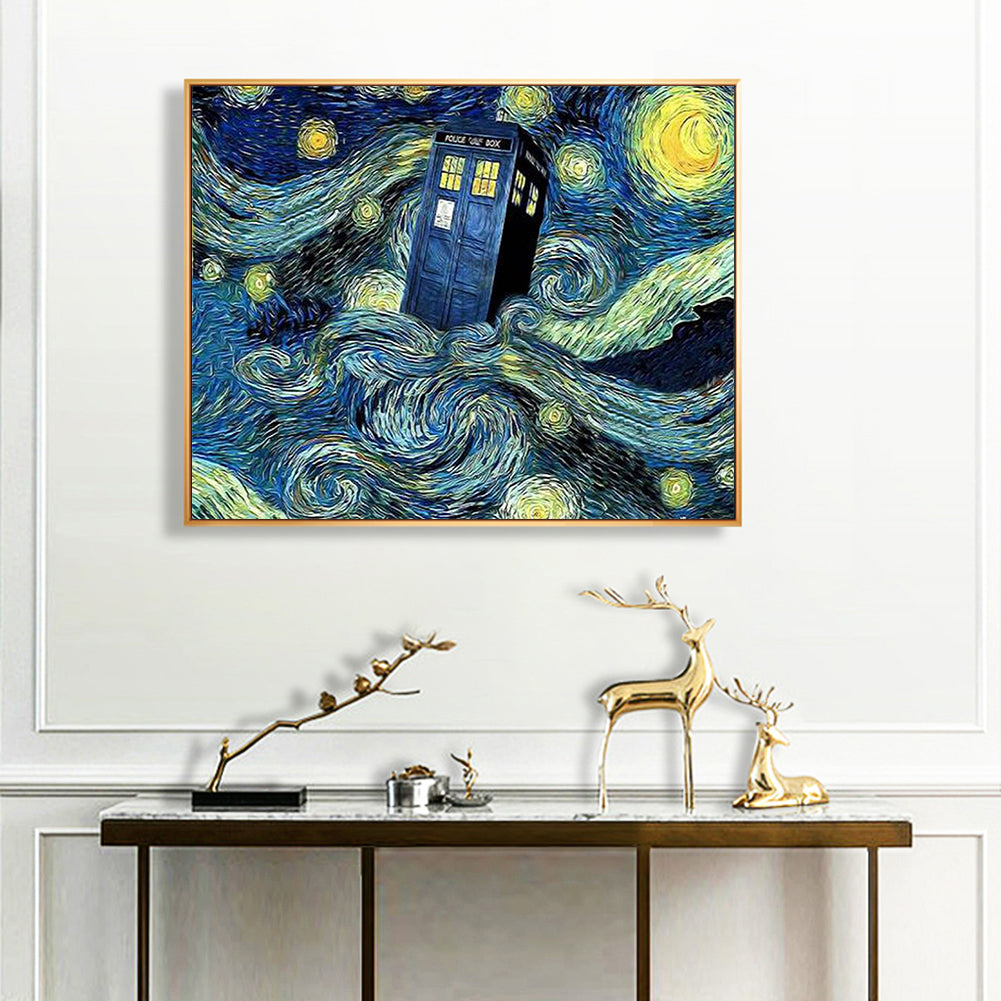 Van Gogh Style - Doctor Who Telephone Booth - Full 11CT Counted Cross Stitch 50x40CM - Yishu