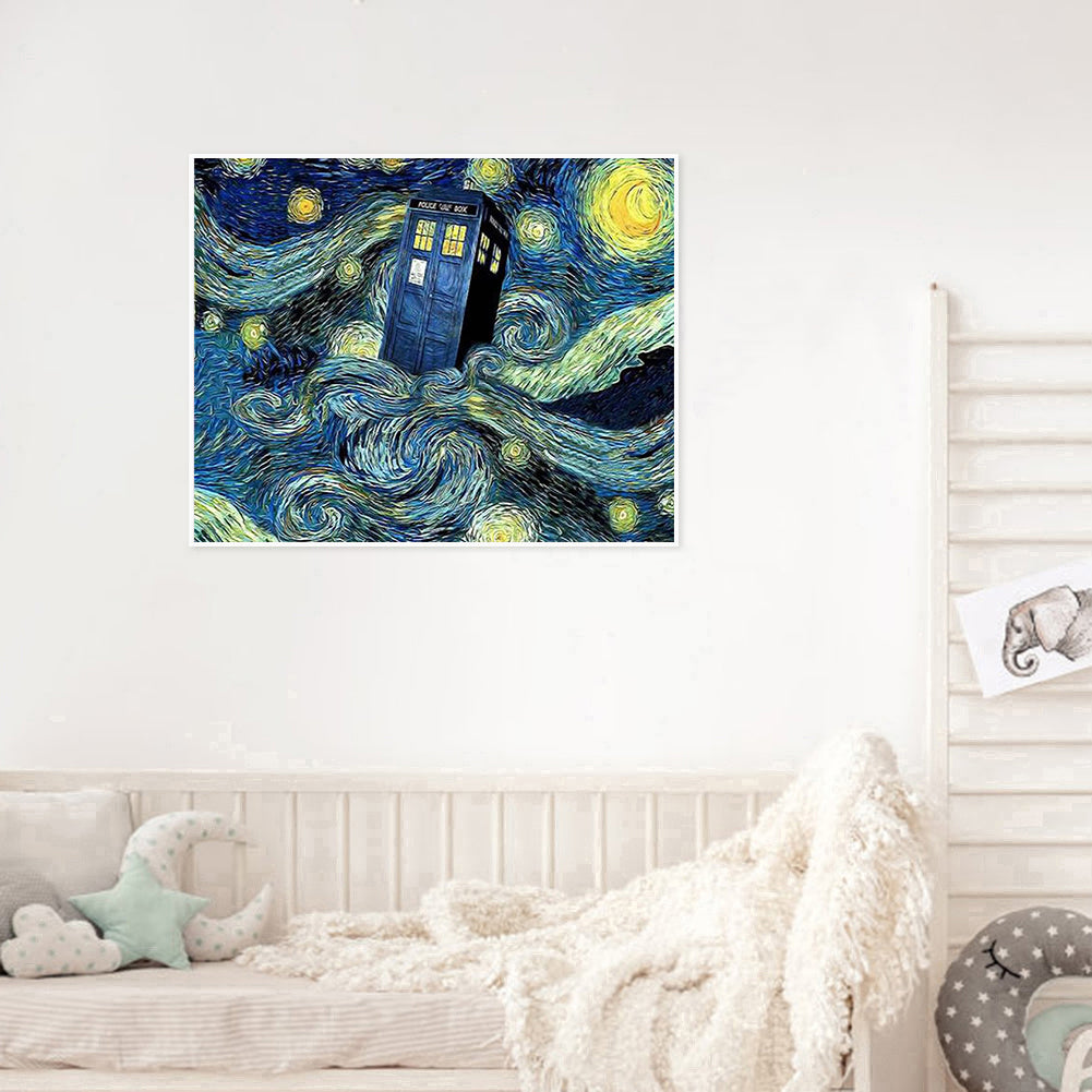 Van Gogh Style - Doctor Who Telephone Booth - Full 11CT Counted Cross Stitch 50x40CM - Yishu