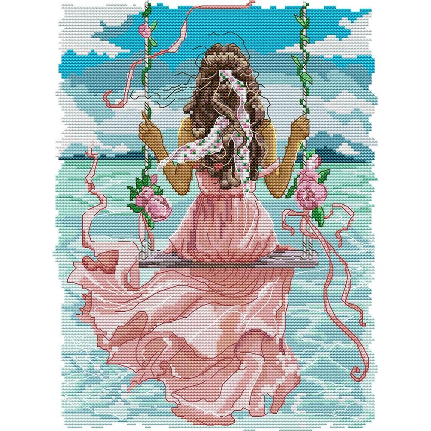 Girl Watching The Sea - Partial 14CT Stamped Cross Stitch 27x34CM - Joy Sunday Backstitch