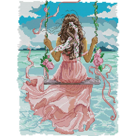 Girl Watching The Sea - Partial 14CT Stamped Cross Stitch 27x34CM - Joy Sunday Backstitch
