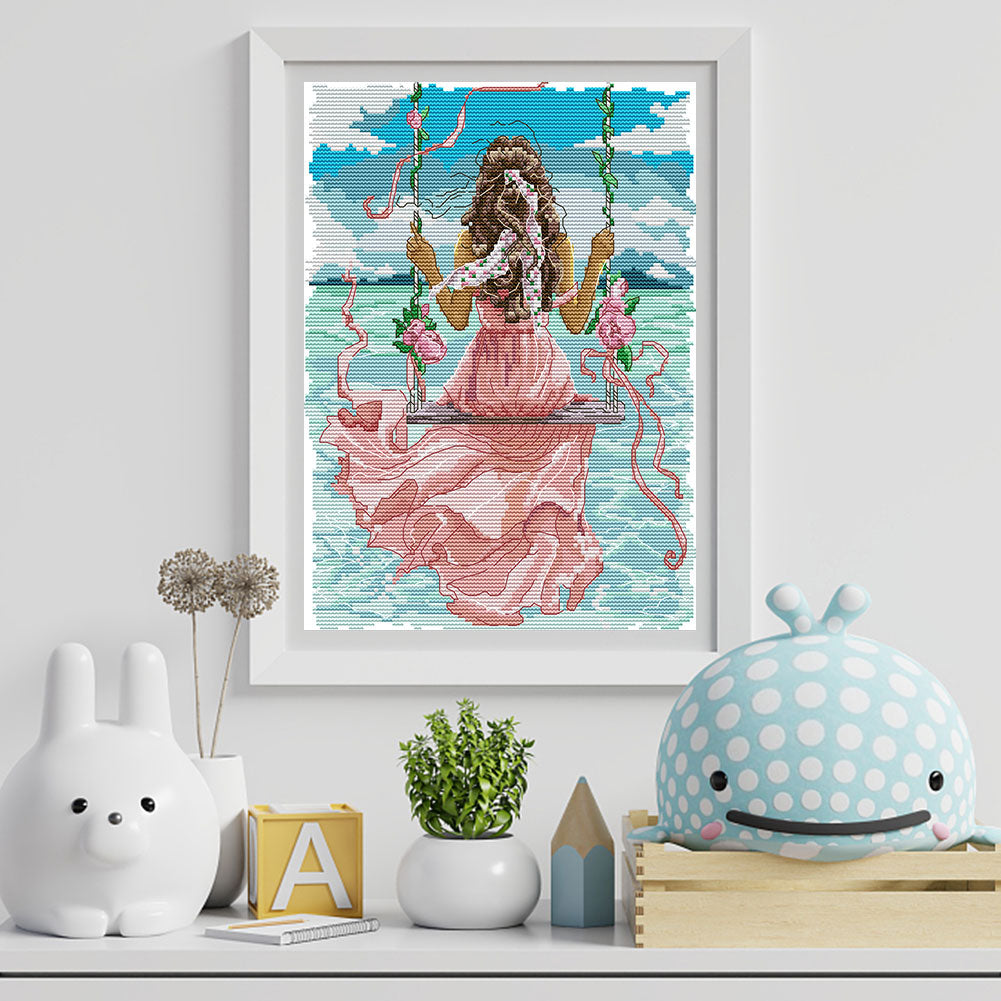 Girl Watching The Sea - Partial 14CT Stamped Cross Stitch 27x34CM - Joy Sunday Backstitch