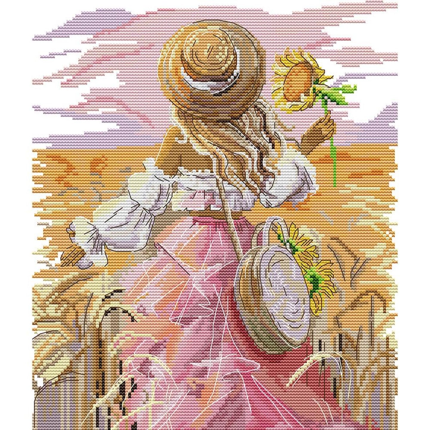 Sunflower Girl - Partial 14CT Stamped Cross Stitch 30x34CM - Joy Sunday Backstitch