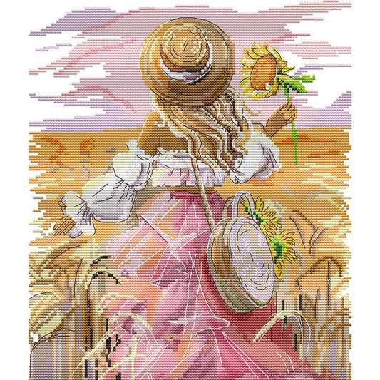 Sunflower Girl - Partial 14CT Stamped Cross Stitch 30x34CM - Joy Sunday Backstitch
