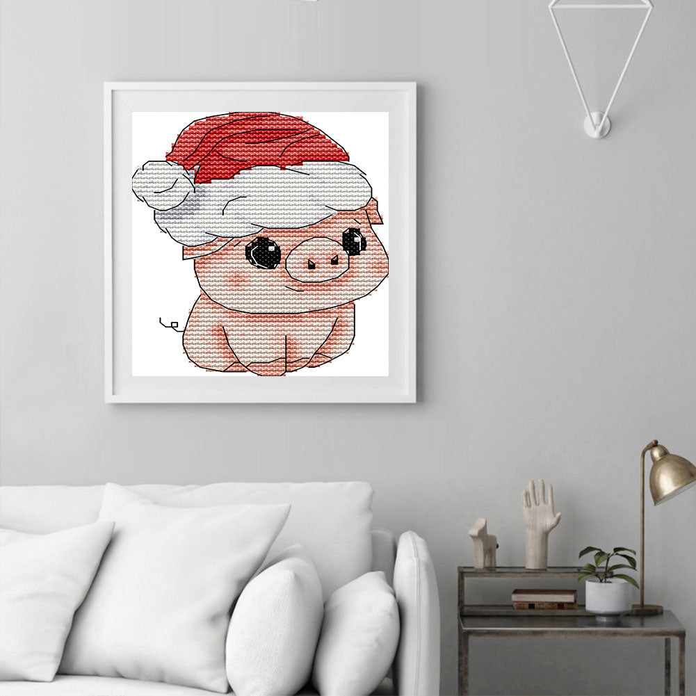 Piglet With Christmas Hat - Partial 14CT Stamped Cross Stitch 13x15CM - Joy Sunday Backstitch