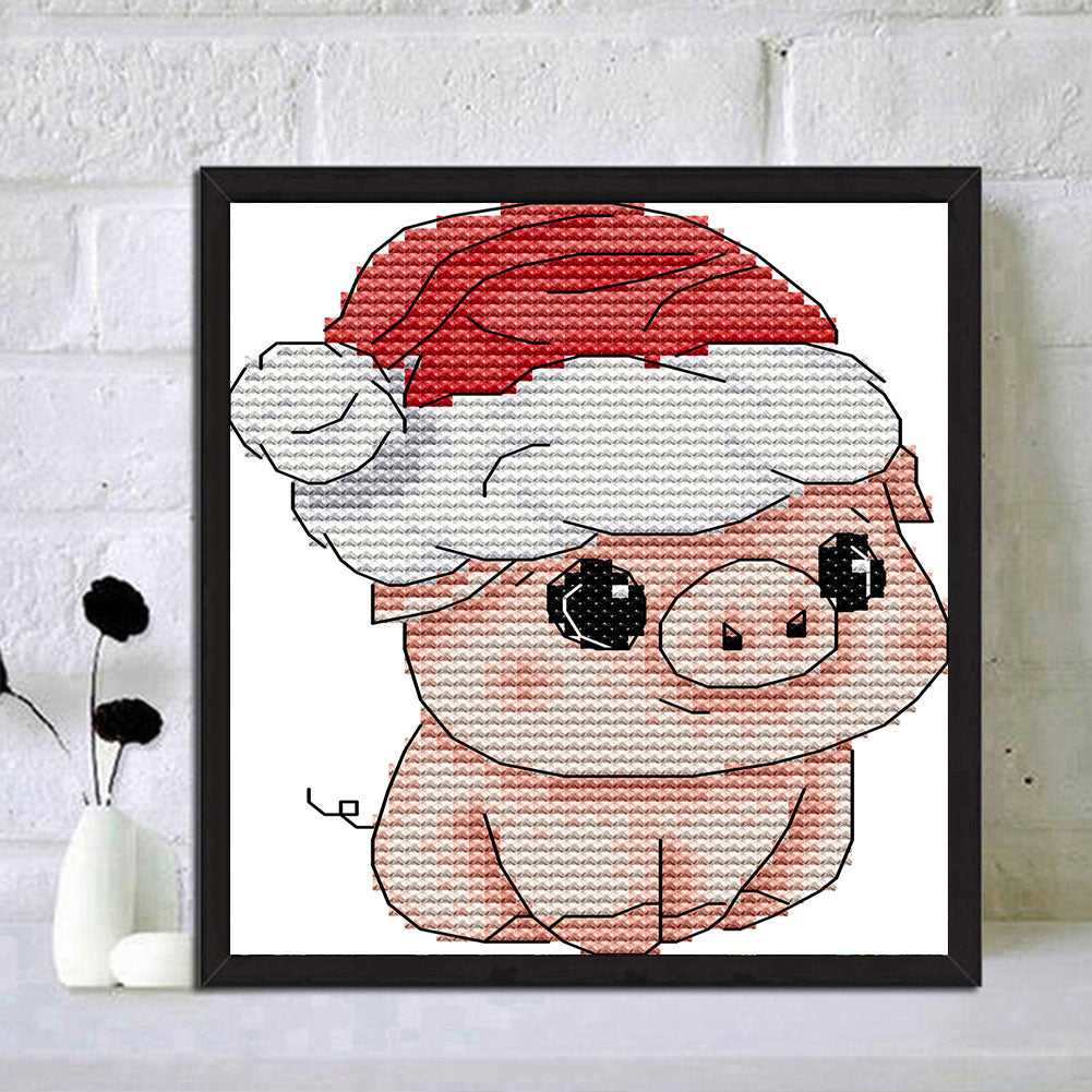 Piglet With Christmas Hat - Partial 14CT Stamped Cross Stitch 13x15CM - Joy Sunday Backstitch
