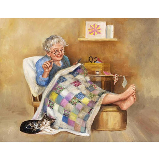 Elderly Lady Sewing - Full 14CT Counted Cross Stitch 50x40CM - Yishu