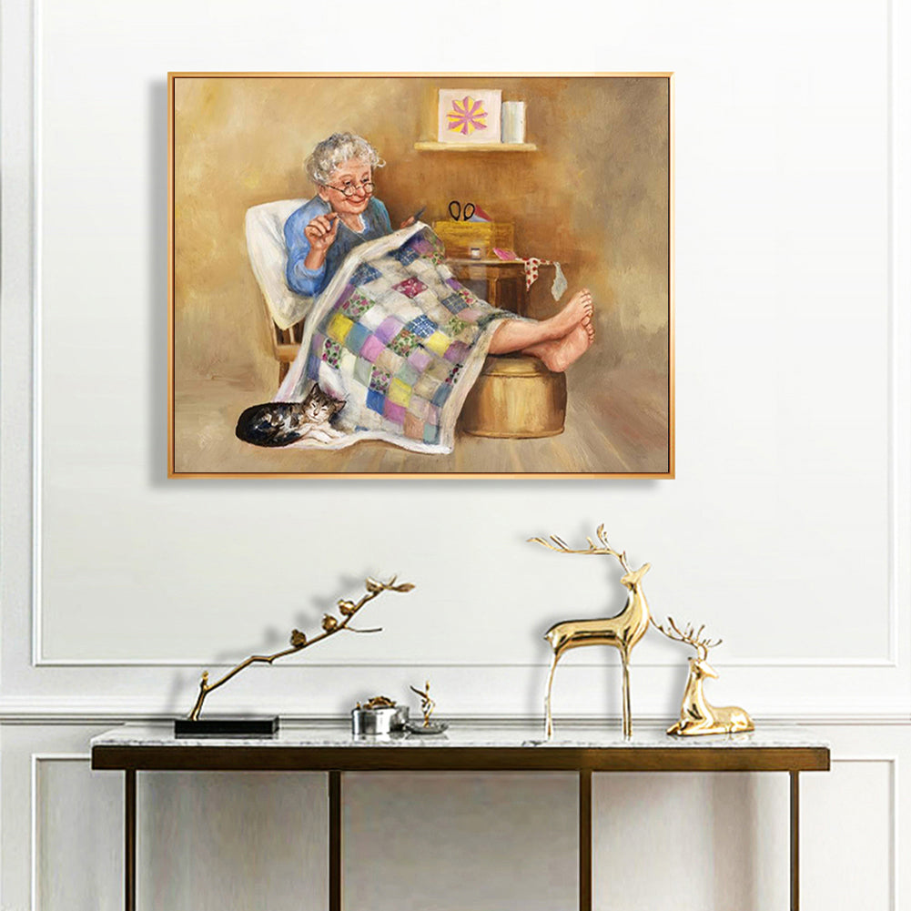 Elderly Lady Sewing - Full 14CT Counted Cross Stitch 50x40CM - Yishu